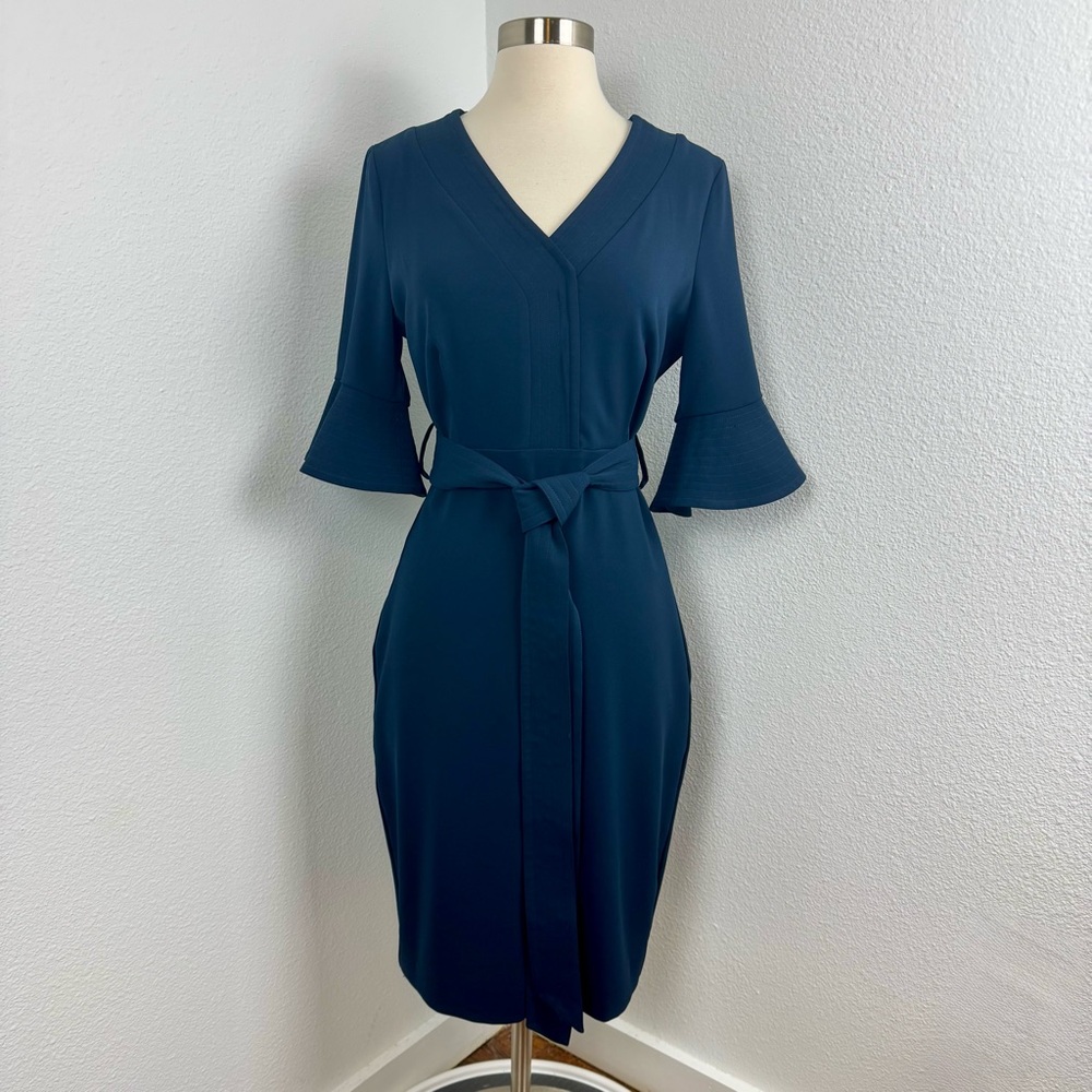 Badgley Mischka Navy Belted V-Neck Sheath Dress, Sz 4